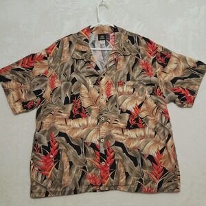 Toucan Dance Shirt Mens XL Hawaiian Floral Black Brown Red Made in USA Casual